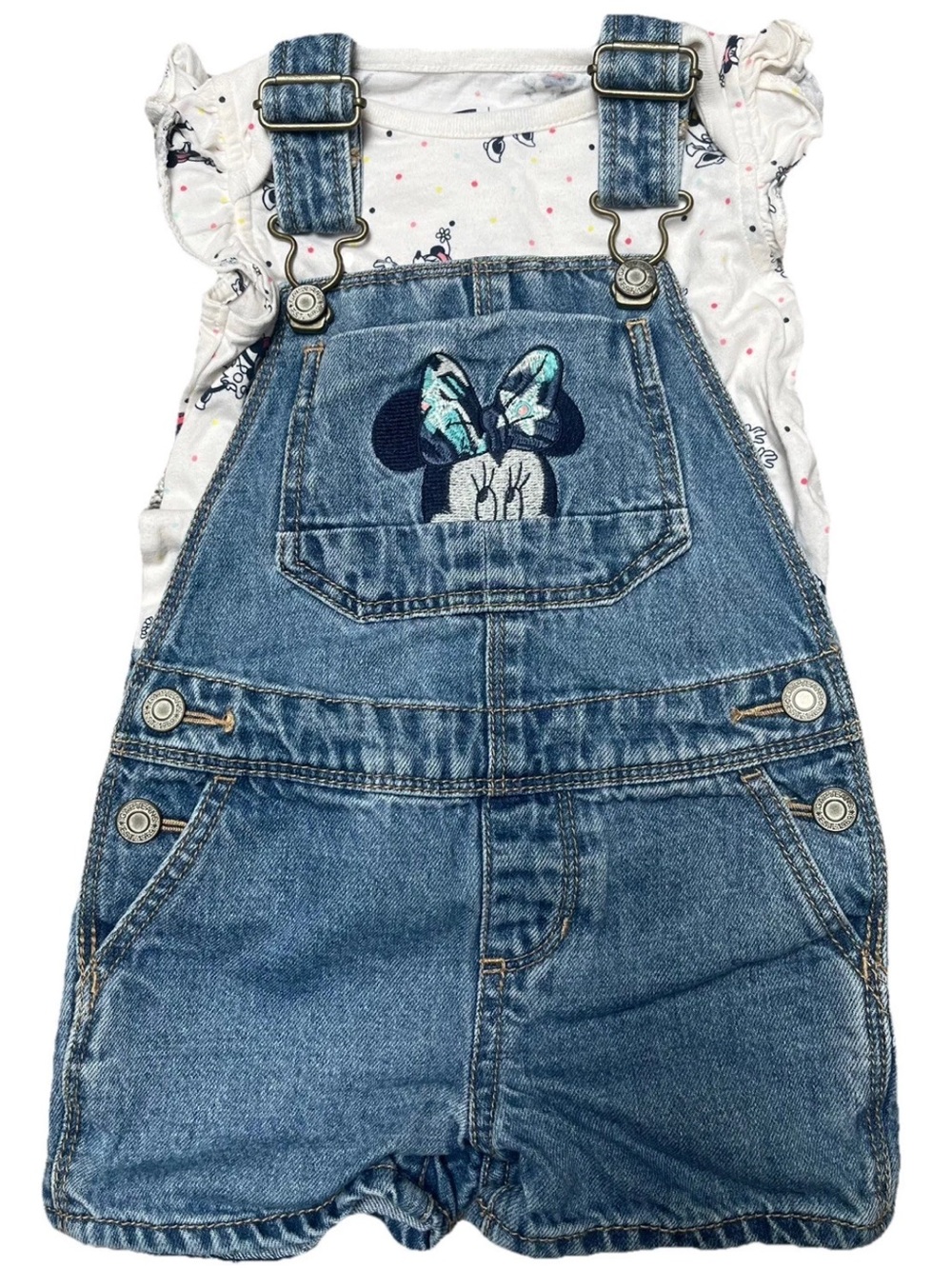 Baby Gap Disney Minnie Mouse Denim Shortalls Short Overalls 12/18 months